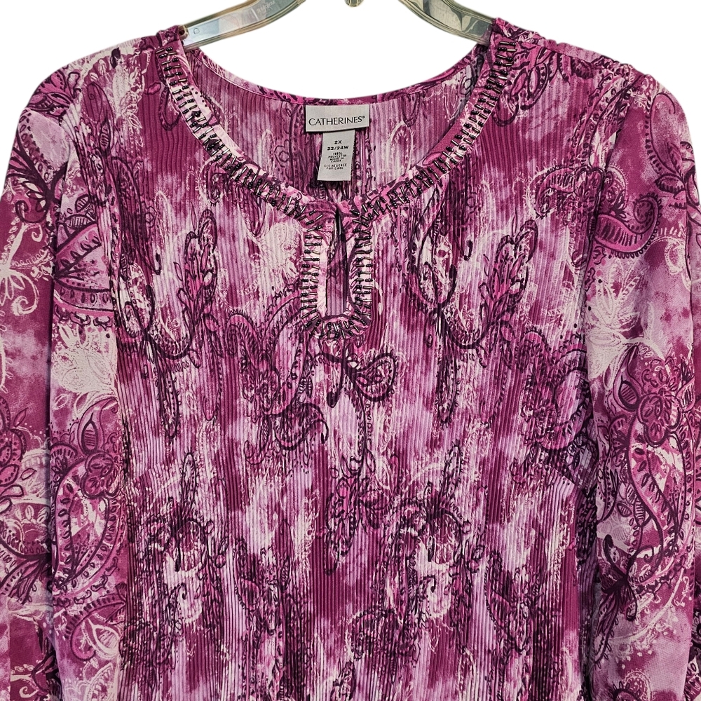 Catherines Accordion Pleat Beaded Flutter Bell Sleeve Gauze Tunic Blouse Sz 2X - Picture 2 of 8